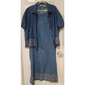 Vtg Jane Ashley Denim Tank Dress Short Sleeve Jacket Plus Sz 2X Embroidered 90s